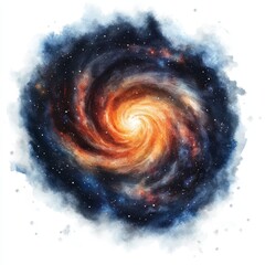 Wall Mural - Spiral galaxy with orange and blue hues, watercolor style.