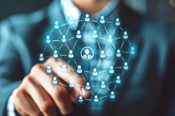 Wall Mural - businessman interacting with digital network connections representing social media and professional 