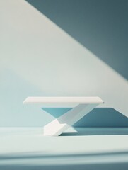 Wall Mural - Minimalist white platform on light blue background with sunlight. (1)