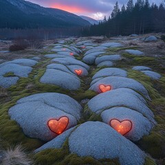 Canvas Print - Heart-Shaped Stone Arrangement on Scenic Mountain Path at Sunset with Glowing Hearts and Lush Greenery Enhancing Tranquil Natural Landscape Serenity