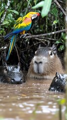 Canvas Print - Colorful Macaw Perched on Capybara Amidst Lush Rainforest: Stunning Wildlife Scene with Parrots, Rodents, and Verdant Vegetation in Natural Habitat