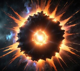 Powerful blast of colorful flames in a black hole creating an immense bright explosion, radiant, fiery, blast