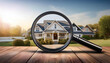 © seven sheep - 不動産検索イメージ。虫眼鏡越しの住宅の素材。Real estate search image. Material of a house through a magnifying glass.