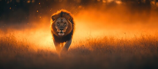 Wall Mural - Majestic lion walking towards the sunset in a hazy savanna.