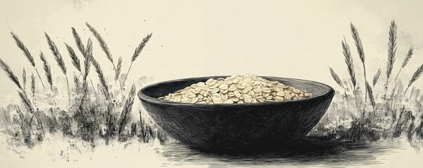 Wall Mural - A detailed artistic depiction of a rustic bowl filled with oats, set against a backdrop of delicately sketched oat plants, capturing the essence of agriculture and natural nourishment.