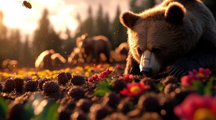 a majestic grizzly bear forages through colorful flowers in a sunlit meadow, illustrating the beauty