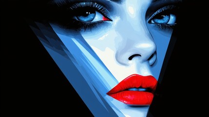 Wall Mural - Vivid illustration of a woman's face with striking blue eyes and bold red lips in a modern artistic style emphasizing contrast and color