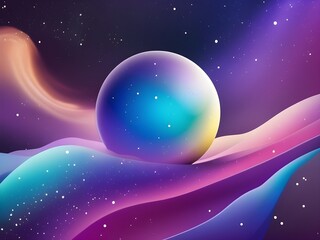 Wall Mural - A mesmerizing sphere rests on colorful, undulating waves, creating a dreamy, cosmic atmosphere. Stars sprinkle the background, enhancing the ethereal feel of the scene.
