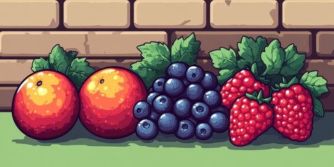 Wall Mural - Colorful Illustration of Fresh Oranges, Blueberries, and Strawberries with Green Leaves Displayed Against Brick Wall Background