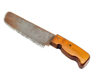 hand saw with wooden handle and rusty blade, ideal for woodworking tasks. This tool is essential for cutting various materials with precision and ease