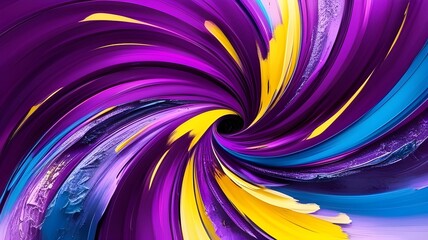 Wall Mural - Vibrant swirls of purple, yellow, and blue create a dynamic and hypnotic spiral pattern. The bold colors blend seamlessly, drawing the eye toward the center of the vortex.