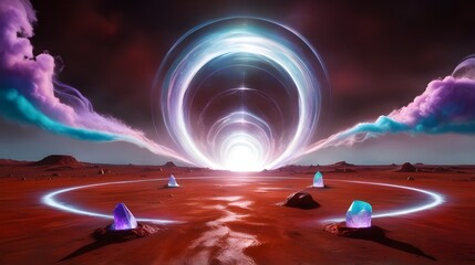 Wall Mural - A futuristic landscape features vibrant glowing crystals on a barren red surface, with swirling, luminescent circles leading toward a bright central vortex. The dark sky is accented by ethereal clouds