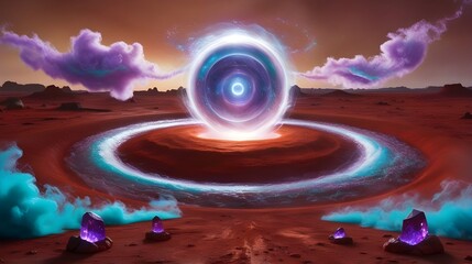 Wall Mural - A mystical landscape features a glowing portal at its center, surrounded by vibrant clouds and crystalline formations. The scene has an otherworldly atmosphere with a surreal, cosmic feel.