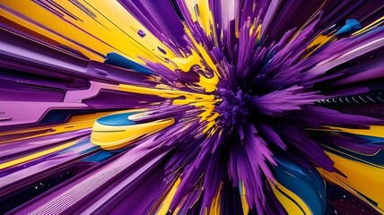 Wall Mural - Vibrant purple, yellow, and blue colors explode outward, creating a dynamic, abstract display. The composition appears to capture motion and energy, reminiscent of a cosmic event or a bursting star.