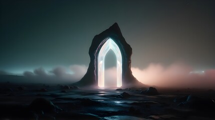 Wall Mural - An ethereal, glowing archway stands alone amidst a mysterious, foggy landscape. The setting exudes a sense of otherworldly enchantment with its surreal lighting and mist.