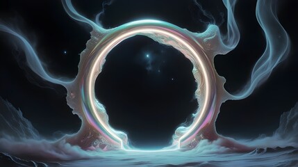 Wall Mural - A mystical circular portal is set against a dark background, emitting a radiant glow and surrounded by ethereal, wispy clouds. Stars twinkle subtly in the backdrop