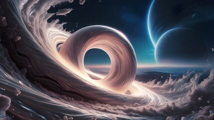 Wall Mural - A surreal cosmic scene features a massive, swirling vortex resembling a toroidal structure amidst swirling waves. A distant planet and celestial glow illuminate the scene