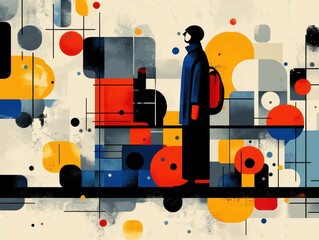 Poster - Digital Artwork of a Modern Abstract Composition Featuring Geometric Shapes and a Person With a Backpack