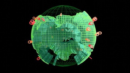 Wall Mural - a rotating green neon wireframe globe with rotating and transforming of some color Location Icon on timing created by procedural geometric 3D modeling seamless looping cartography animation.