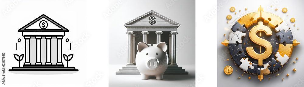 Three images depict banking concepts: a line drawing of a classical ...