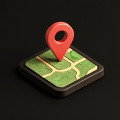 3d isometric map icon with red location pin on dark background.