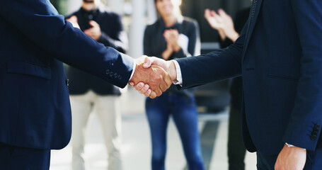 Poster - Business people, clapping and handshake for merger in office, negotiation success and acquisition. Men, partnership and thank you for help with investment funding in workplace, agreement and applause