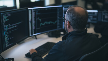 Wall Mural - focused on the data: a programmer with a serious gaze, hunches over a workstation, meticulously anal