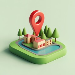 Wall Mural - 3d isometric illustration of a location pin above a small town.