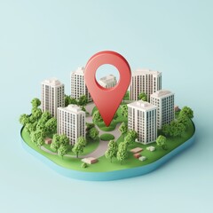 Wall Mural - red location pin above a miniature city model.