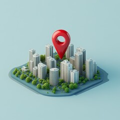 Wall Mural - red location pin marker above isometric city model.