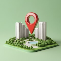 Wall Mural - red location pin above miniature city model with buildings, park, and pond.