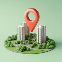 Wall Mural - red location pin above 3d model of apartment buildings and green space.