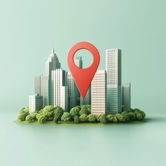 Wall Mural - red location pin above a miniature city on a green island.