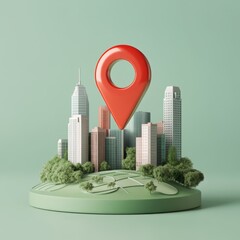 Wall Mural - red location pin above a miniature city on a green circular base.