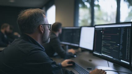 Wall Mural - focused programmer: a skilled programmer intently focused on his work, immersed in lines of code on 
