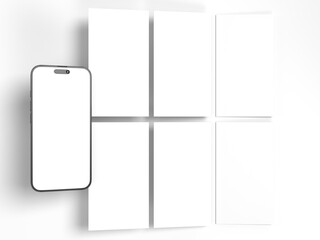 Smartphone mockup with social media stories interface mockup. Mobile app page template for creative design showcase user carousel post feed. Minimal design interface template