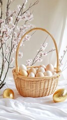 Wall Mural - A colorful basket filled with decorated eggs, including shiny gold ones, resting on a soft bed, celebrating the joy of Easter festivities.