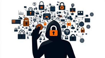 A hacker in a black hoodie symbolizes cybersecurity.