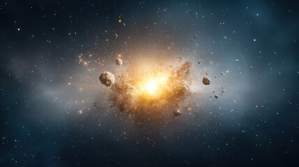Wall Mural - a space scene with a bright yellow object surrounded by a cloud of debris