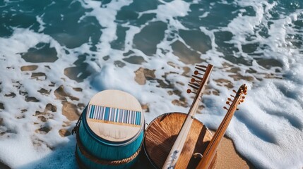 Oud and Darbuka on a Sandy Beach with Ocean Waves