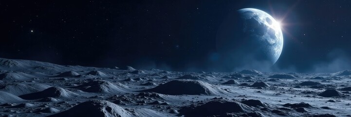dark lunar surface with earth in the background, stars, universe, astronomy