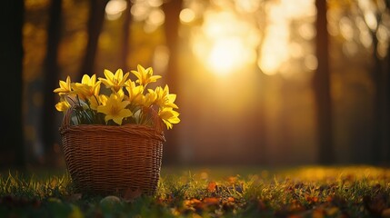 Wall Mural - A vibrant basket filled with yellow flowers rests on a lush green grass, embodying the essence of spring and the joy of Easter celebrations.