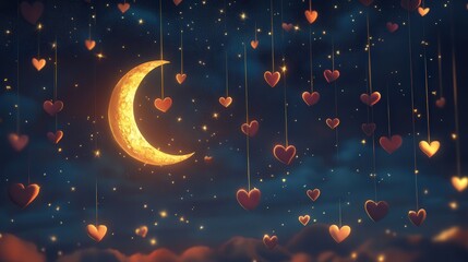 Wall Mural - romantic love-themed background with a starry night sky, a glowing crescent moon, and hearts floatin