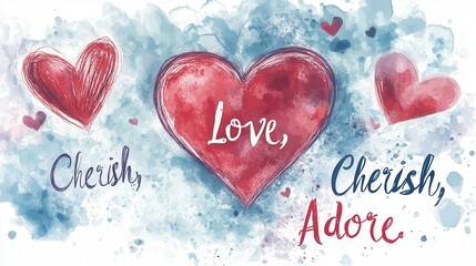 Wall Mural - romantic Valentine Day logo featuring a watercolor-style heart surrounded by handwritten words like 