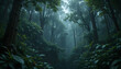 © aldo - a dense forest during a rainstorm, raindrops glistening as they fall from the canopy, cinematic realism and depth, cinematic