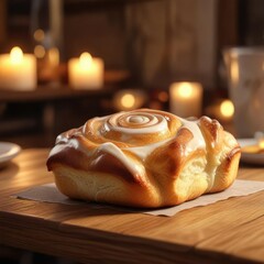 Softly glowing cinnabon pastry displayed on a wooden table with a warm and cozy background, pastry, brunch, morning