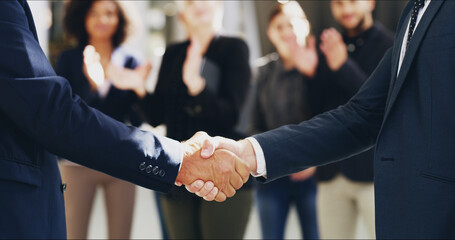 Poster - Welcome, hands and handshake for meeting, office and thank you for opportunity of deal and corporate. Partnership, entrepreneur and celebration for agreement with gesture, congratulations and people