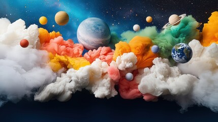 Wall Mural - a colorful cloud of smoke with planets and a star in the middle