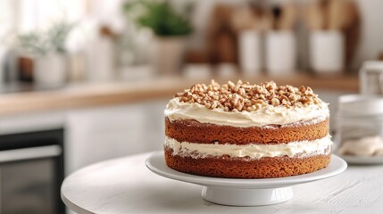 Delicious carrot cake with walnuts, kitchen background