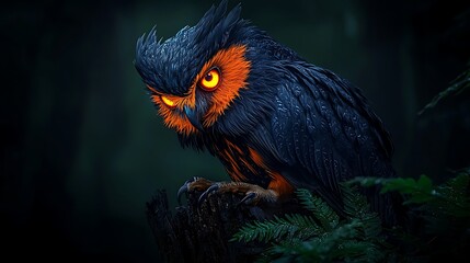 Wall Mural - Majestic owl perched on a tree stump in a dark, mysterious forest with glowing eyes